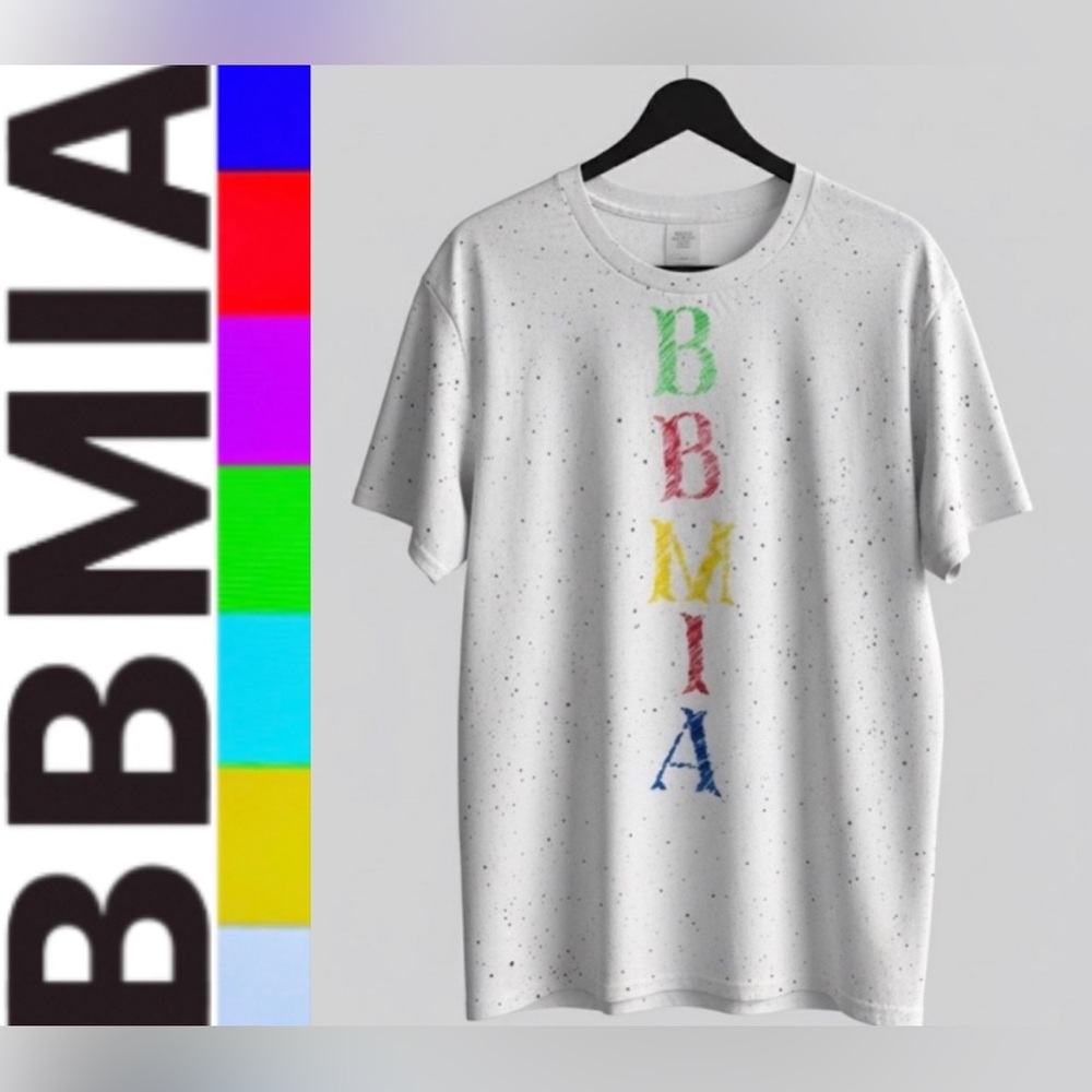 BBMIA Couture Custom Tee T-Shirt White Speckled Tee with Colorful Print